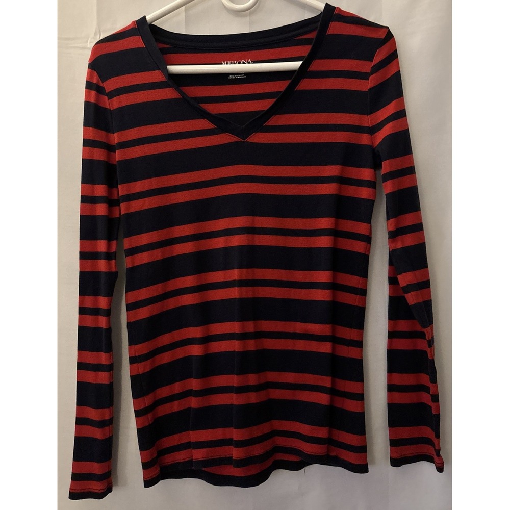 Women's Merona Red & Blue Stripes Long Sleeve V Neck‎ T-shirt Cotton Size M